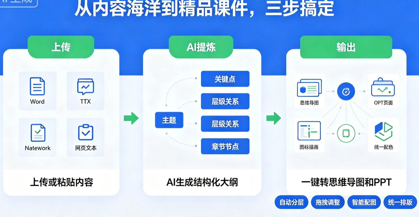 课件帮上传Word文档后,点击生成大纲的界面,显示思维导图结果