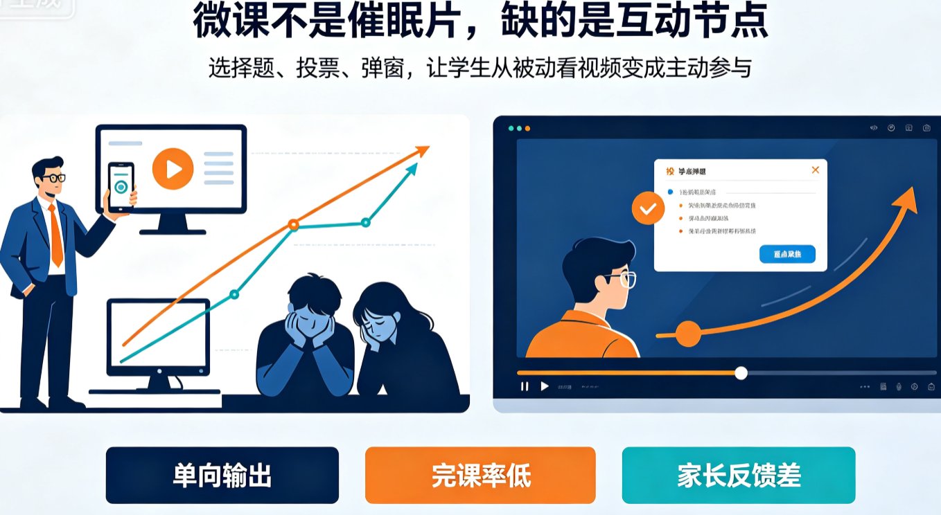 课件帮时间轴编辑界面,显示“插入互动”按钮,已有选择题、投票、弹窗三种选项