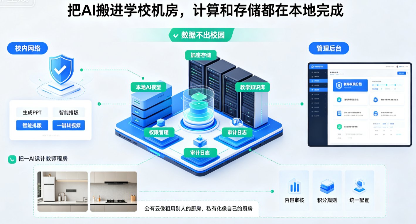 课件帮私有化部署架构图,展示本地服务器、知识库、AI模型、教师端、管理后台的关系