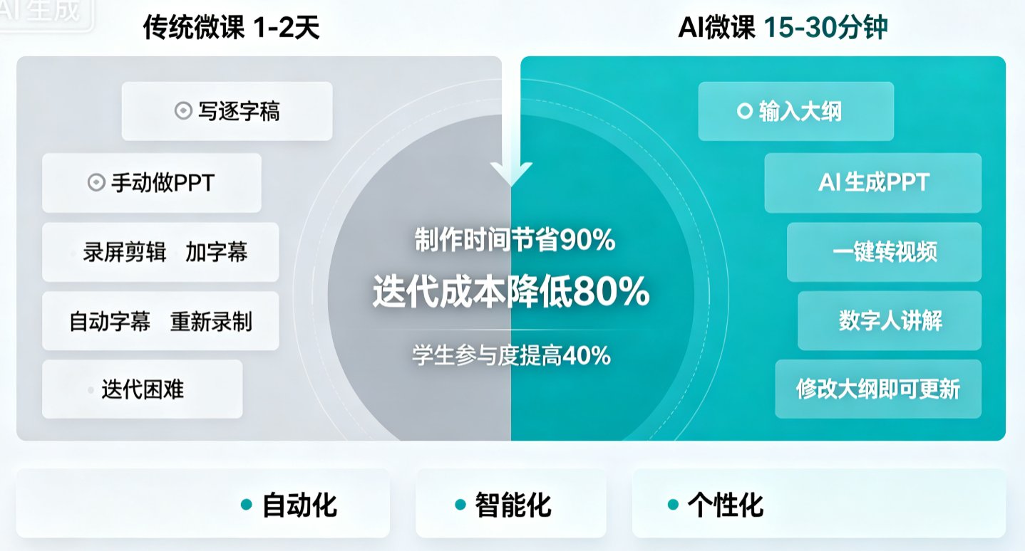 课件帮AI Agent从大纲到视频的流程示意图,显示输入大纲、自动生成PPT、一键转视频三个步骤