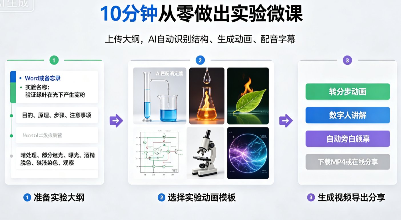 课件帮AI生成实验步骤动画的界面，左侧大纲，右侧动画预览，标注“一键生成实验演示”