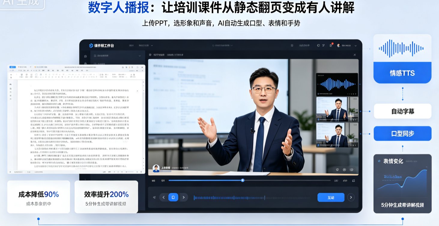 课件帮数字人播报界面，左边是PPT内容，右边是数字人讲解，底部有进度条和互动按钮