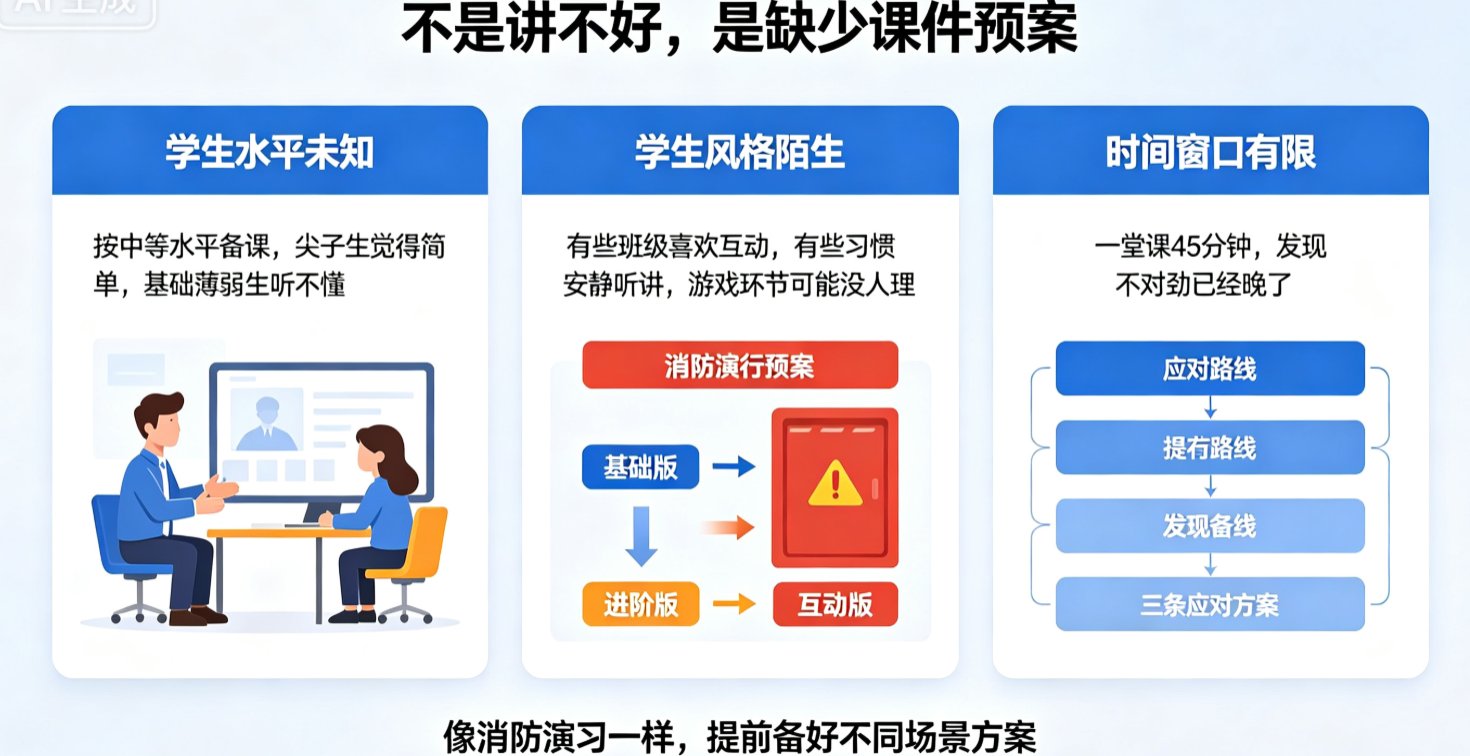 课件帮AI生成多版本课件的界面,显示基础版、进阶版、互动版三个选项,以及对应的预览卡片