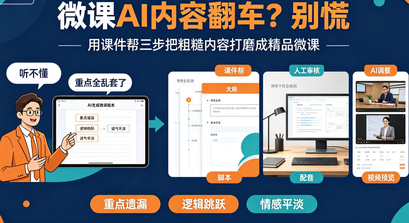 课件帮编辑界面，左侧是AI生成脚本，右侧有“调整语气”“添加强调”“插入互动”按钮