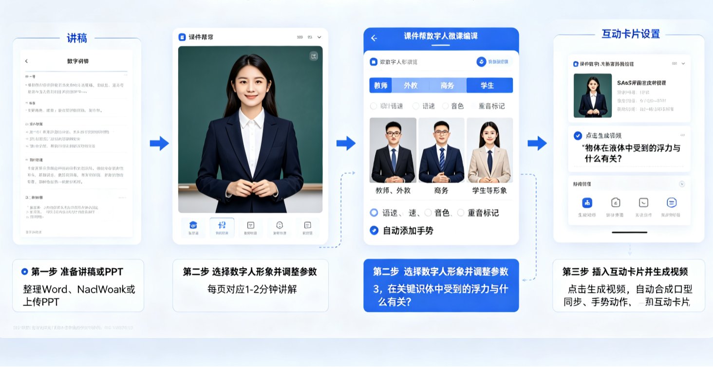 课件帮数字人微课编辑界面，展示讲稿区域、数字人预览、互动卡片设置