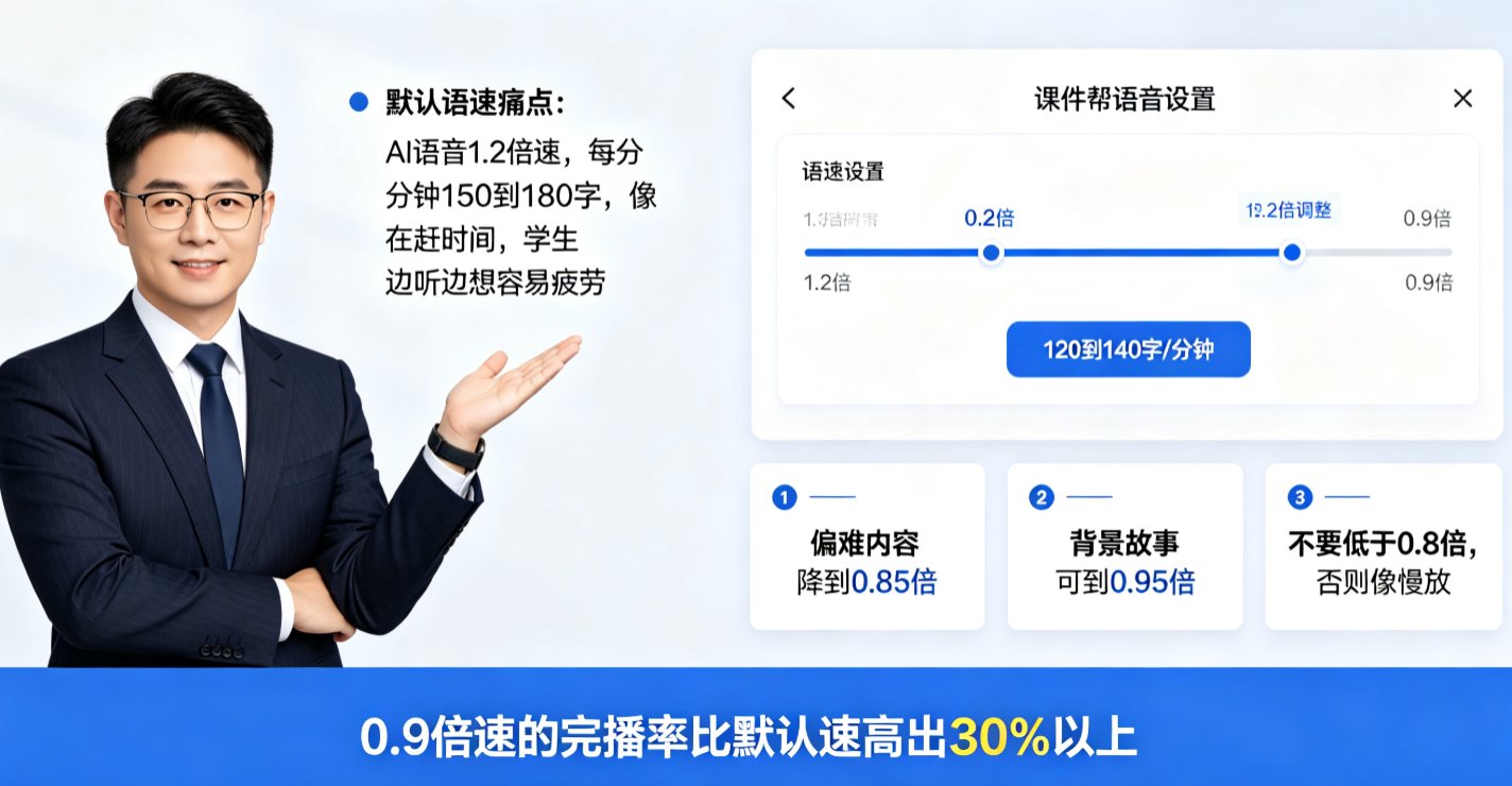 课件帮语音设置界面，标注语速滑块、停顿插入按钮、重音标记按钮