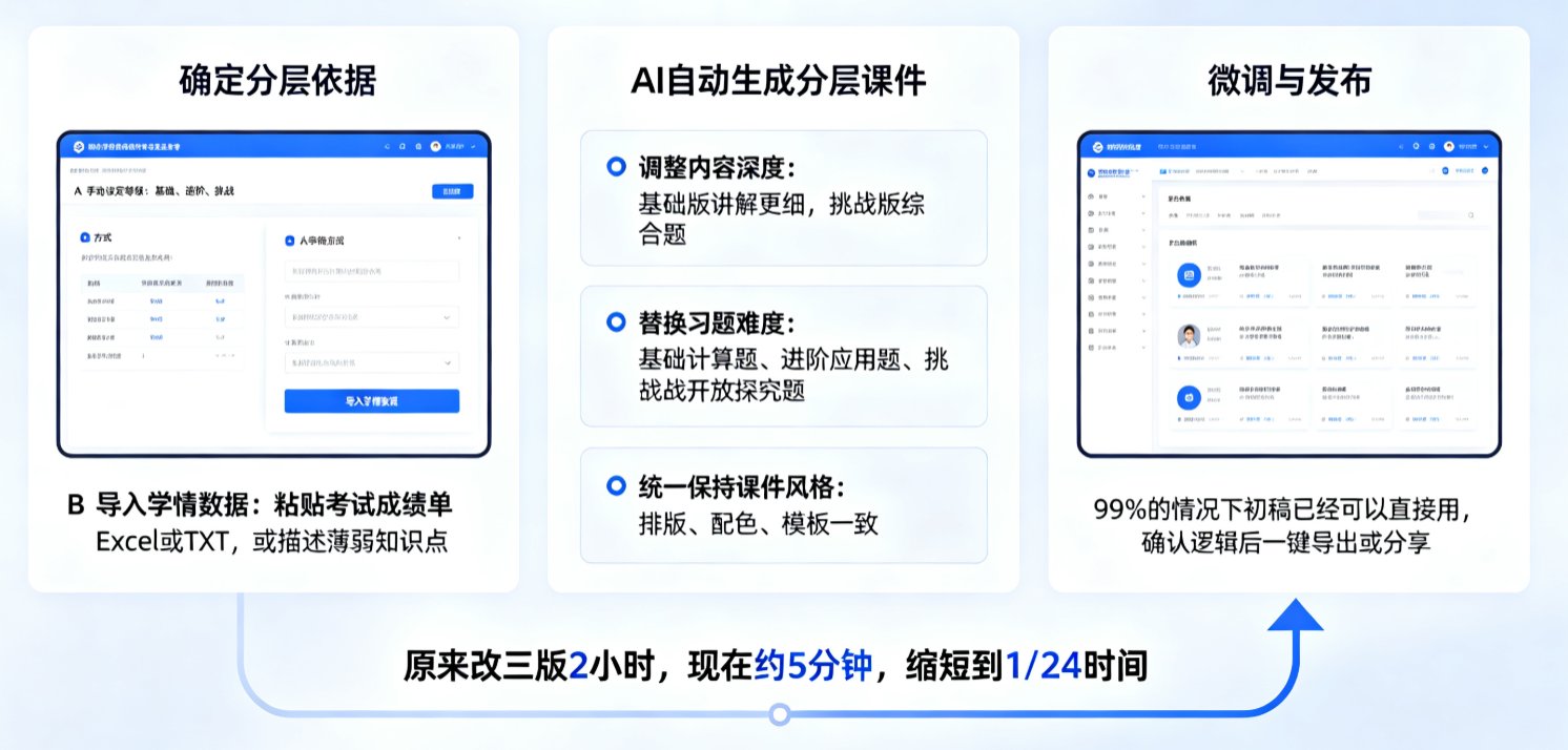 课件帮AI分层教学设置界面，显示“基础/进阶/挑战”三个选项以及“导入学情数据”按钮