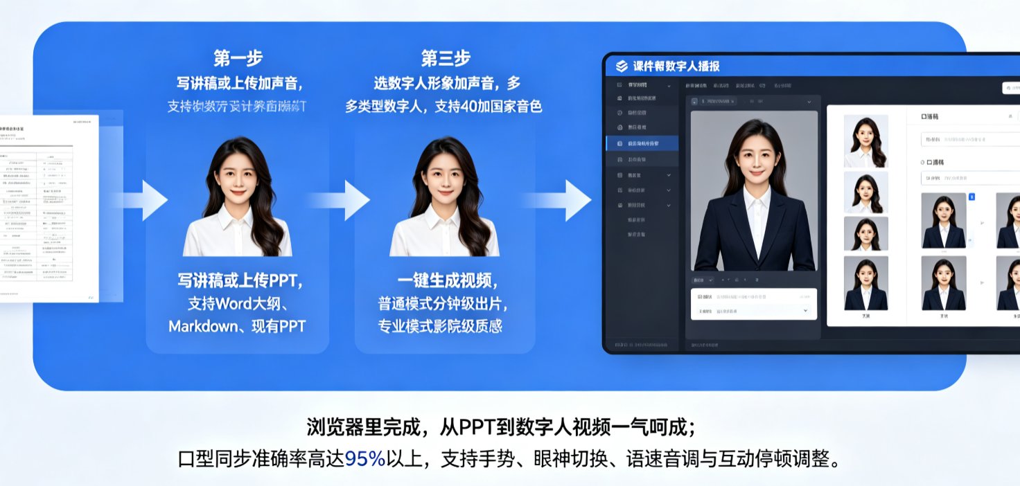课件帮数字人播报编辑界面，左侧PPT预览，右侧数字人形象列表和口播稿编辑框