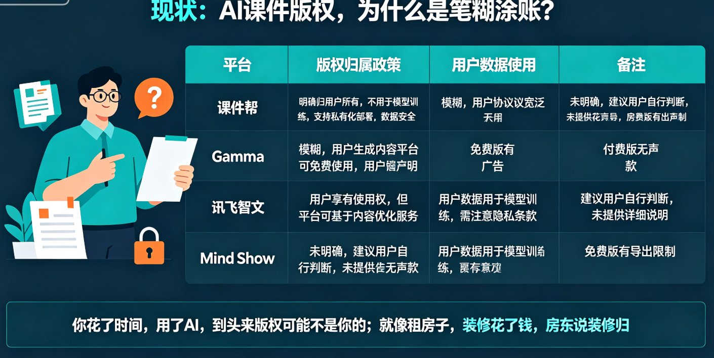 课件帮用户协议中关于版权归属的条款截图，重点标出“用户生成内容所有权归用户”