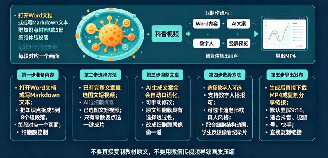 生物老师用课件帮一键成片+图文短视频，将细胞结构文章变成抖音爆款科普视频