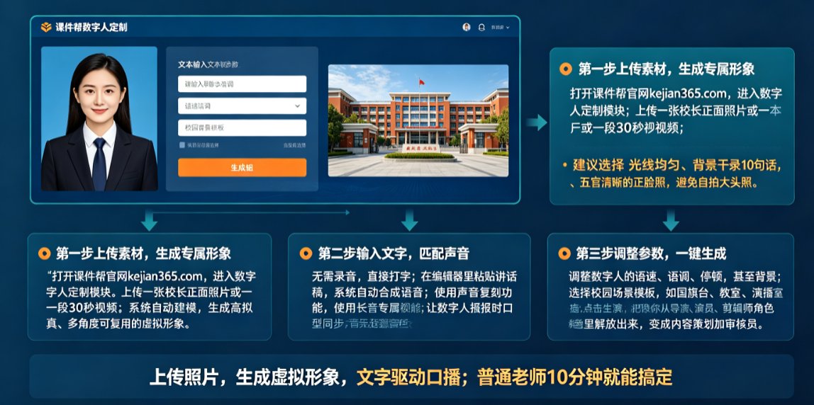 课件帮数字人定制界面，左侧为形象预览，右侧为文本输入框和参数调节面板