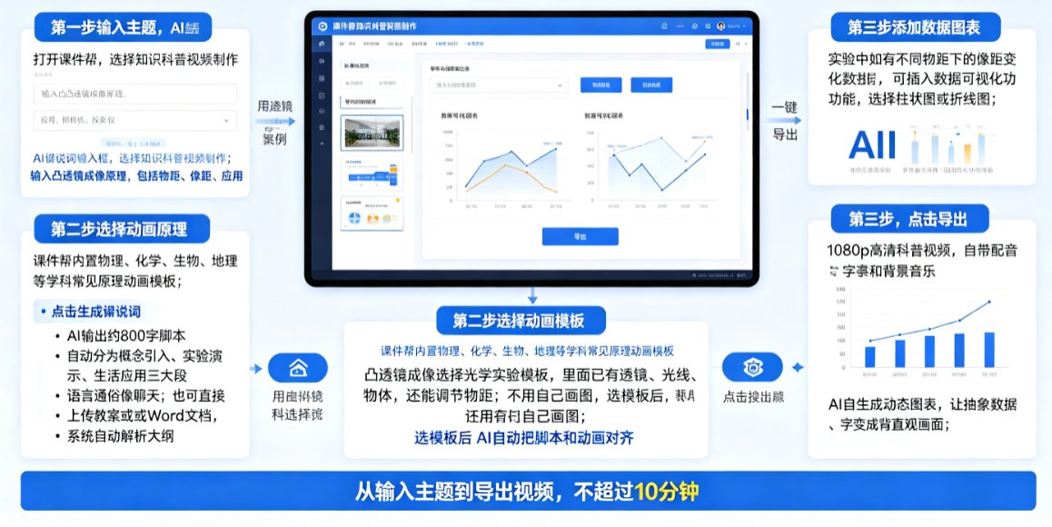 课件帮知识科普视频制作界面，显示AI解说词生成输入框和模板选择区