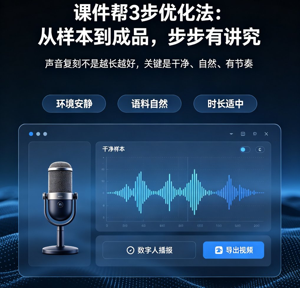 课件帮声音复刻上传界面，显示“上传录音文件”按钮和样本要求提示