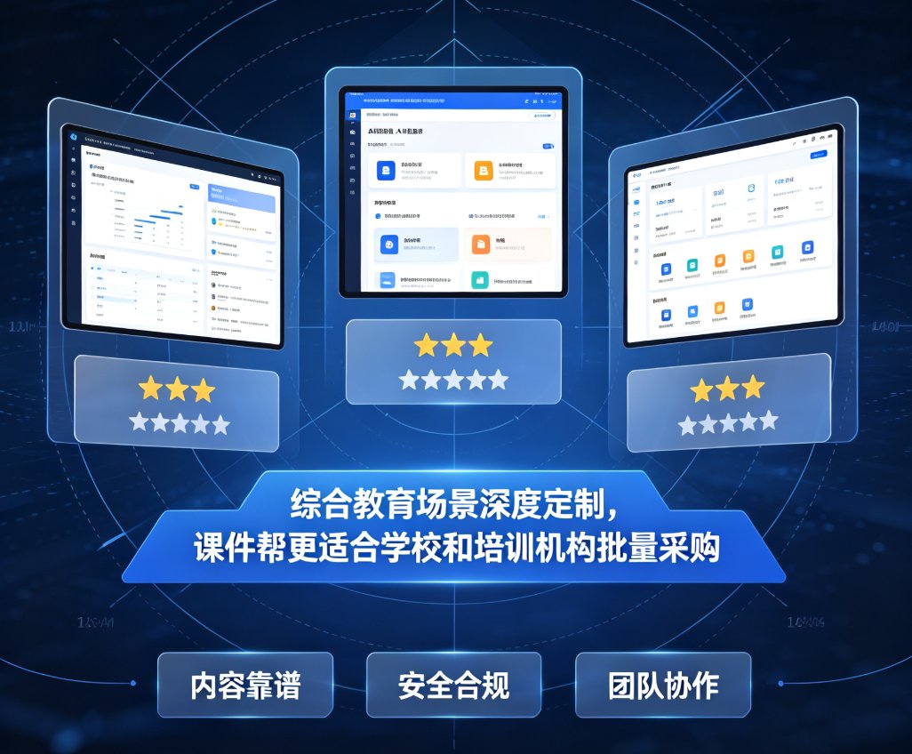 三位老师围在电脑前讨论AI课件的画面，屏幕显示对比表格