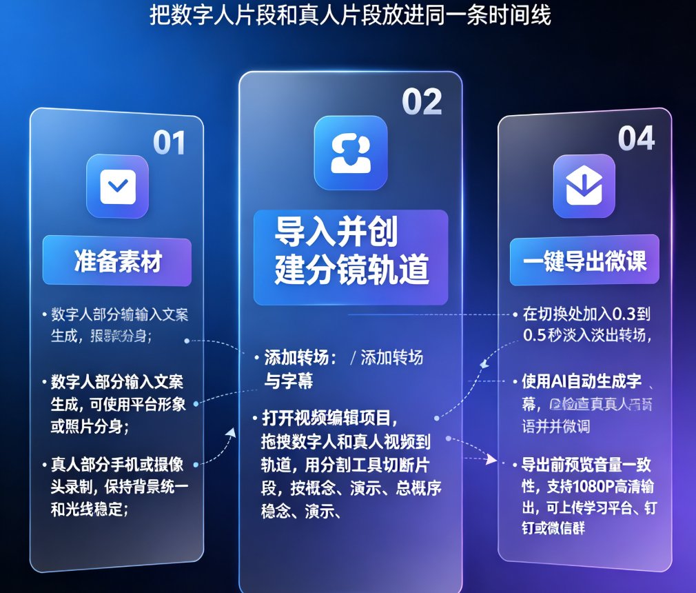 课件帮时间线轨道，显示数字人片段和真人片段交替排列，分割点标记