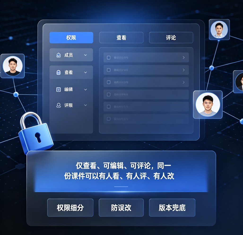课件帮协作面板中权限下拉菜单，显示“仅查看”“可编辑”“可评论”三个选项