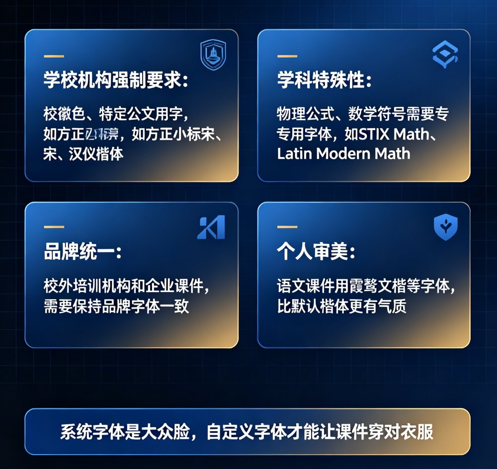 课件帮字体管理界面，显示“上传自定义字体”按钮和已上传的字体列表