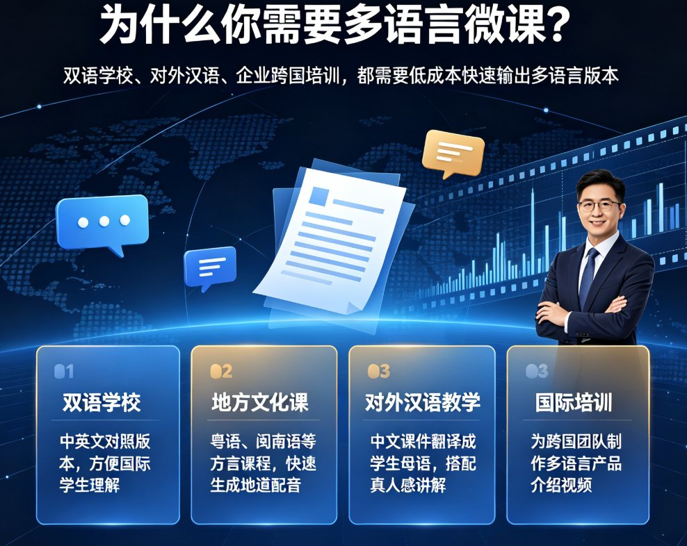 课件帮多语言播报语言选择界面，展示下拉列表中包含多种语言和方言