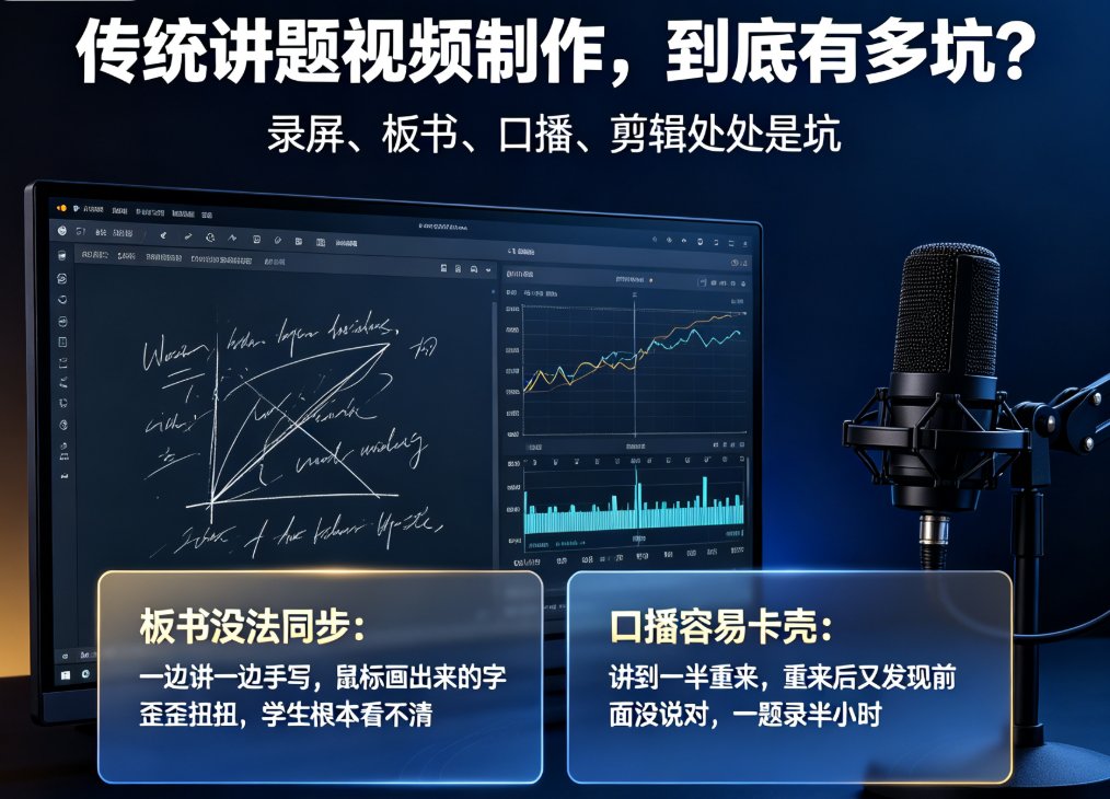课件帮讲题视频编辑界面，左侧输入题目和解析，右侧实时预览板书+语音效果