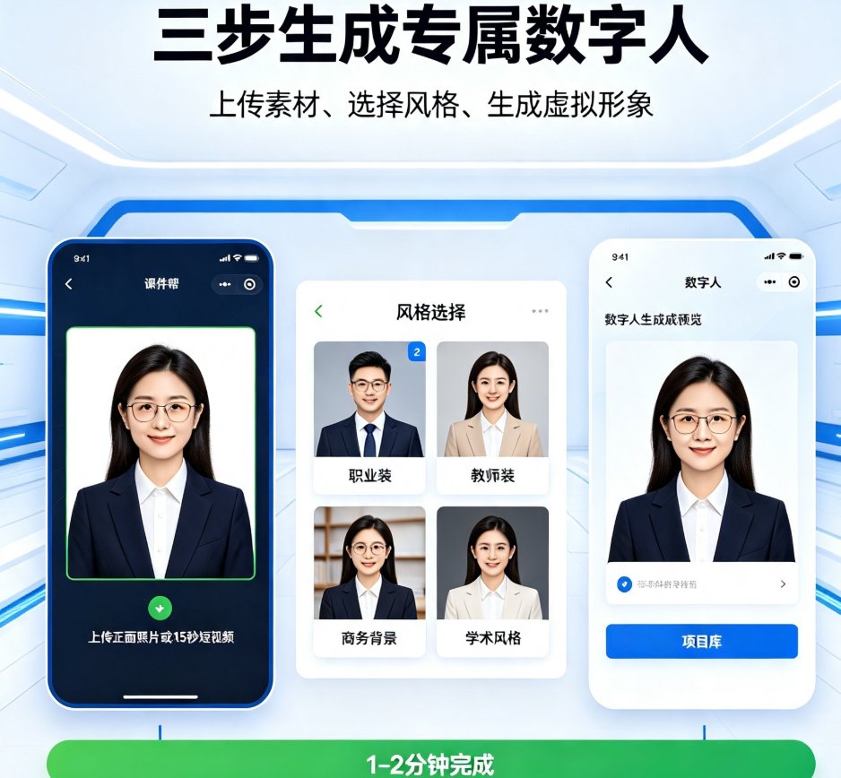 课件帮数字人定制界面，左侧上传照片，右侧生成虚拟形象预览