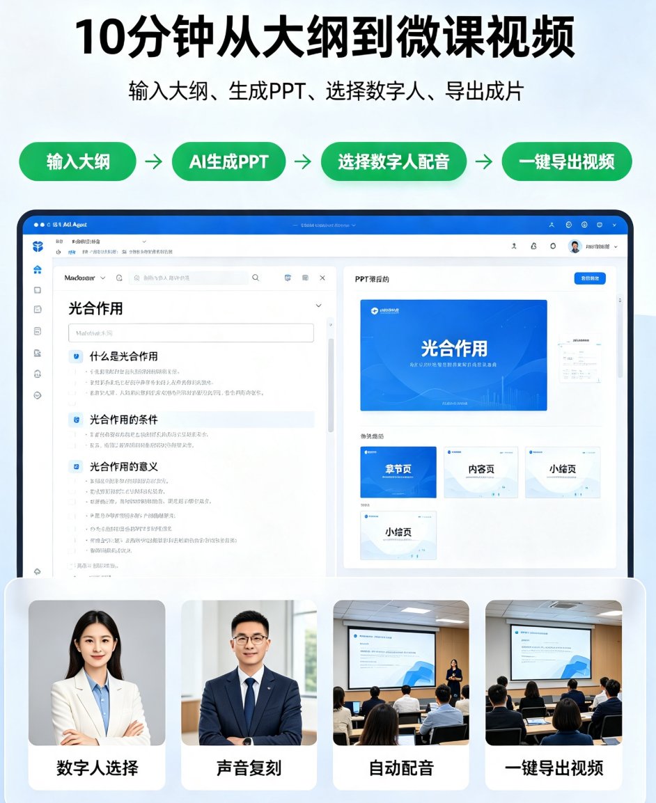 课件帮创作界面展示文本输入、数字人选择、配图预览等模块