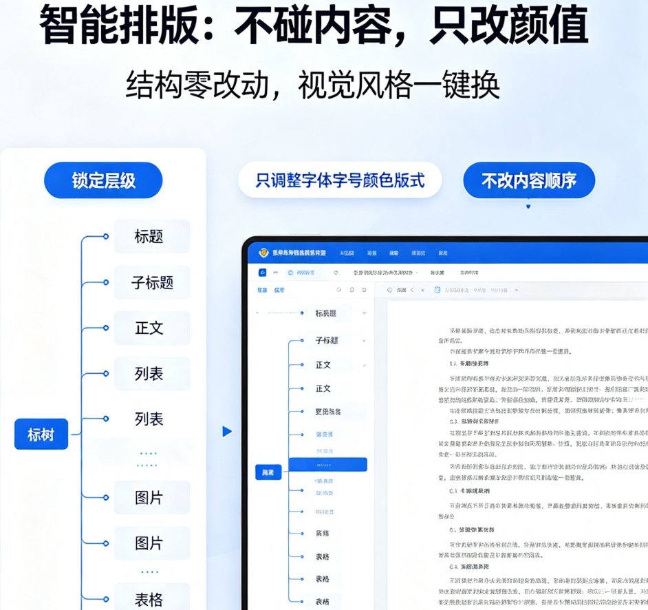 课件帮智能排版界面，左侧显示原文层级树，右侧实时预览排版效果，突出“结构锁定”标记