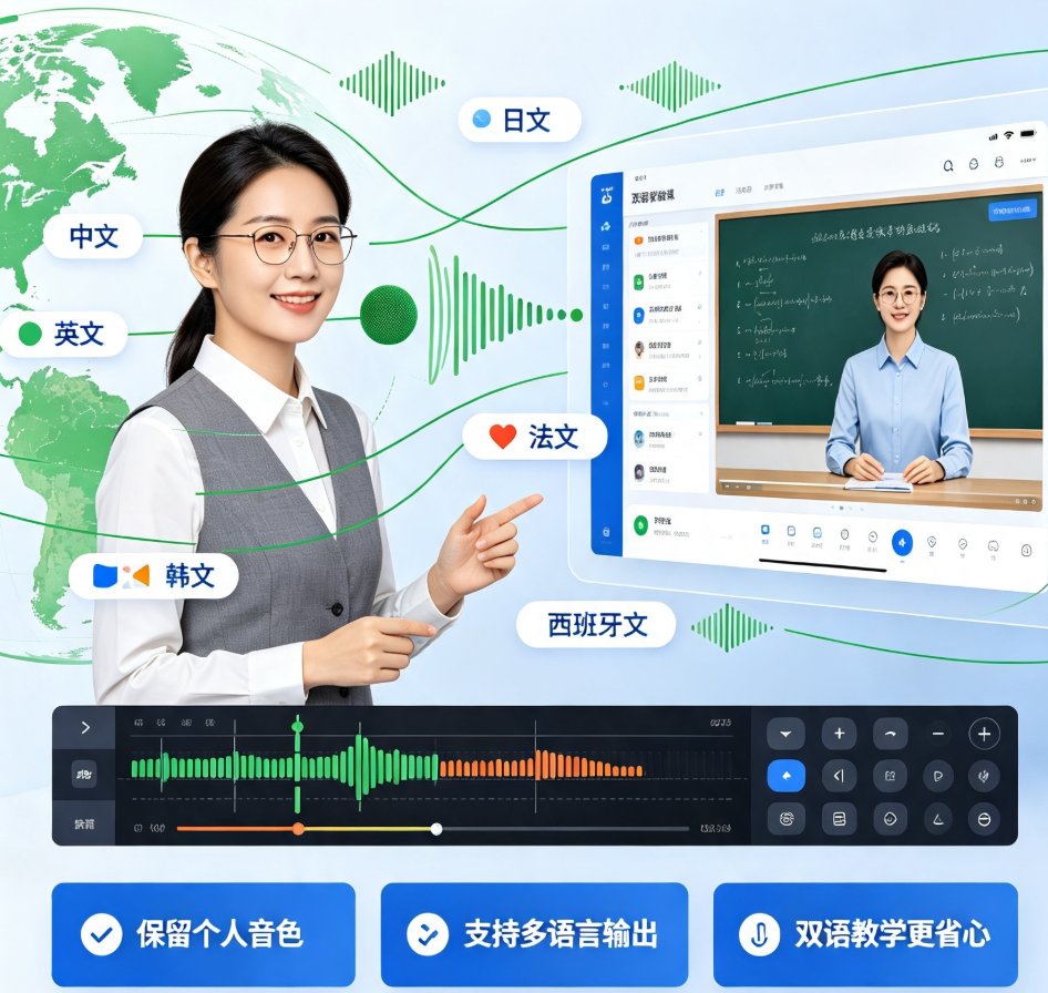 课件帮声音复刻操作界面，展示录音上传、音色克隆、文字转语音三个步骤
