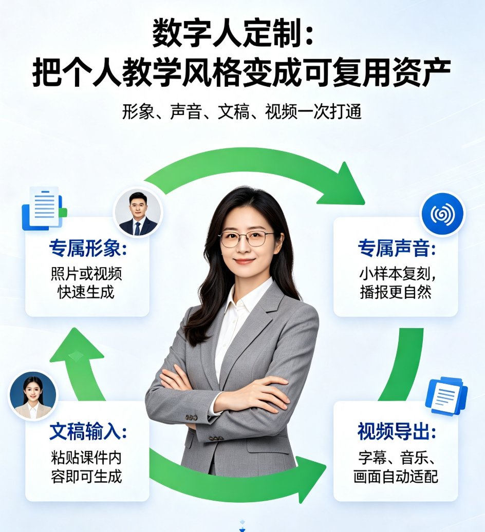 课件帮数字人定制界面,左侧为素材上传区,右侧为数字人预览窗口