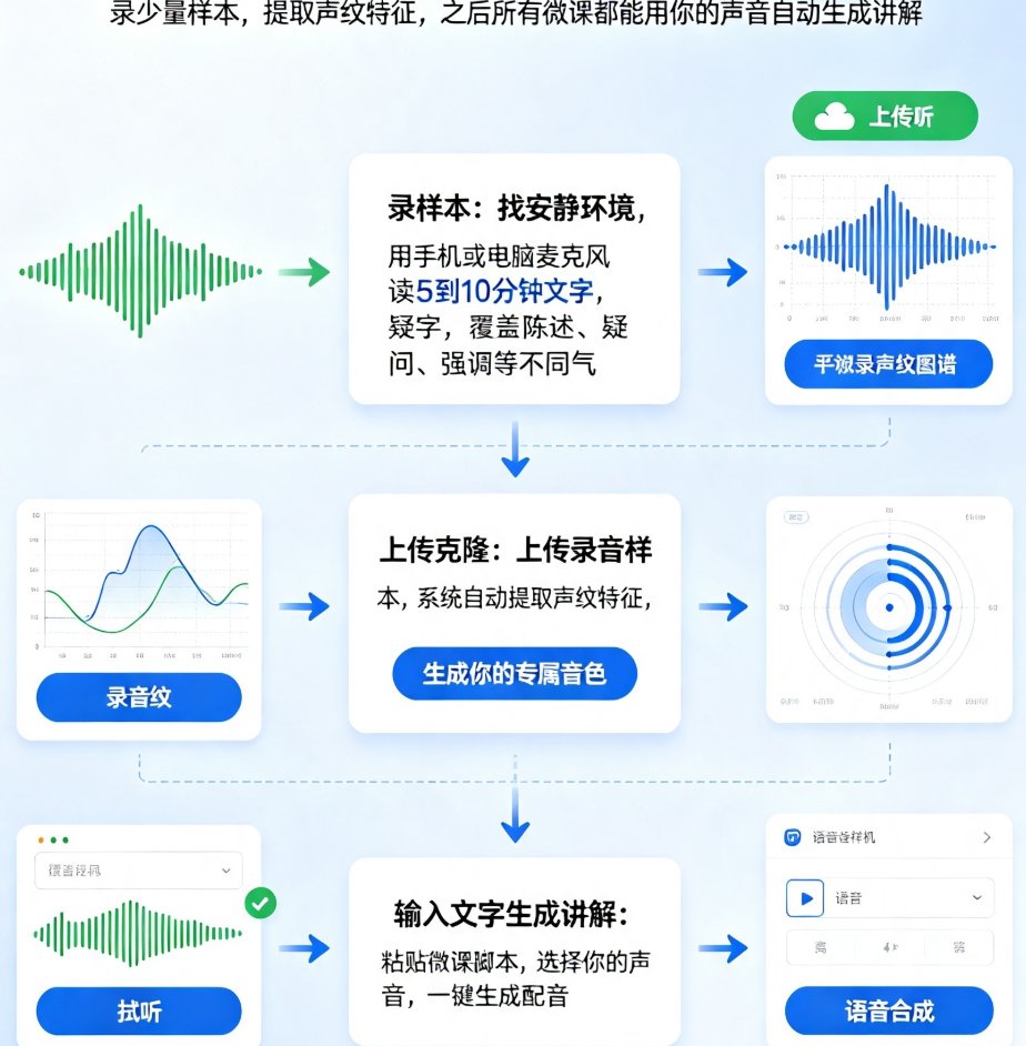 课件帮声音复刻操作界面,左侧为录音引导,右侧为音色训练进度