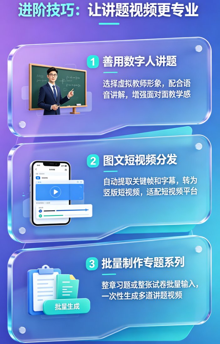 课件帮讲题视频编辑界面,左侧为题目输入区,右侧为AI生成的板书预览