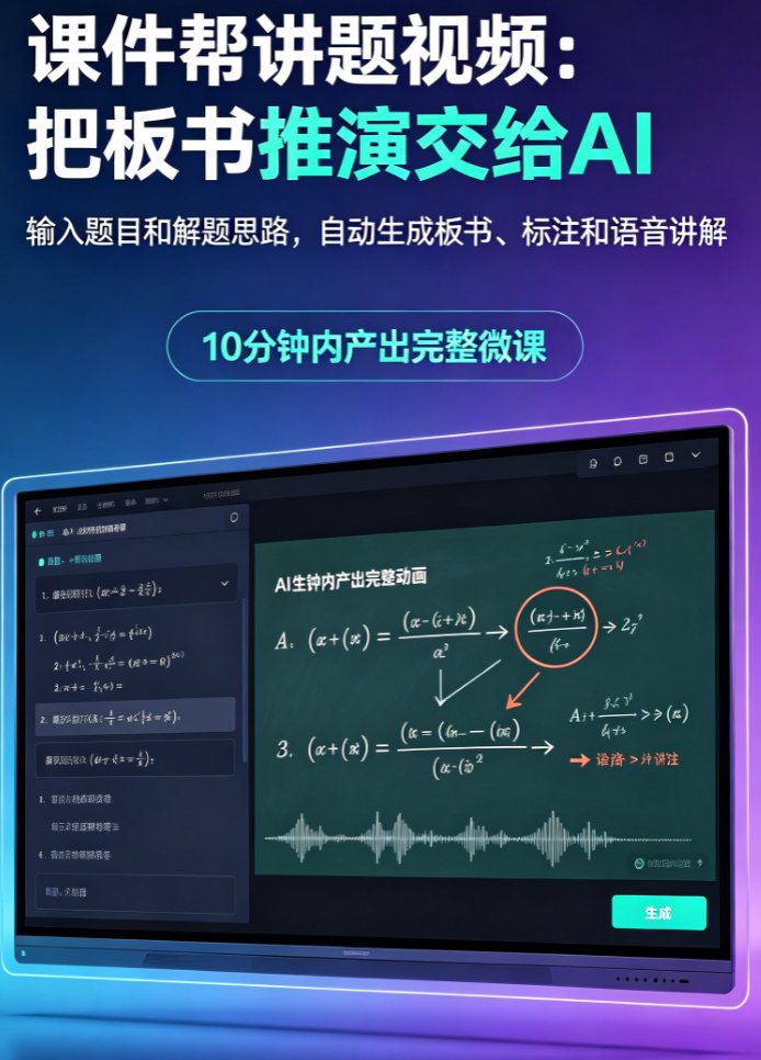 课件帮讲题视频编辑界面，左侧输入题目和解题思路，右侧实时预览AI生成的板书推演动画