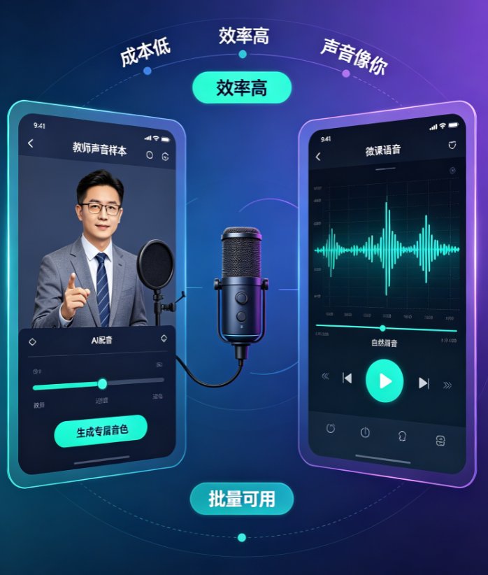 教师录制声音样本的界面，显示录音进度条和“生成专属音色”按钮