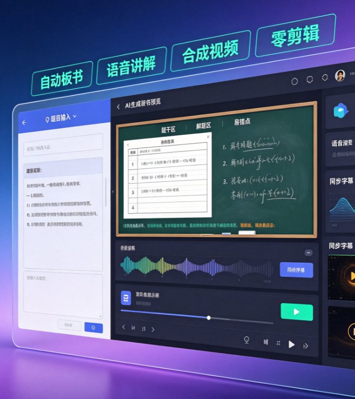 课件帮讲题视频编辑界面,左侧为题目输入区,右侧为AI生成的板书预览和语音波形图