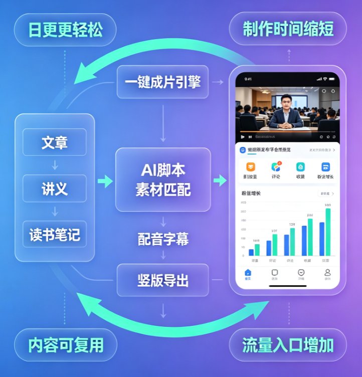 课件帮一键成片操作界面，左侧粘贴图文内容，右侧实时预览生成的竖版视频