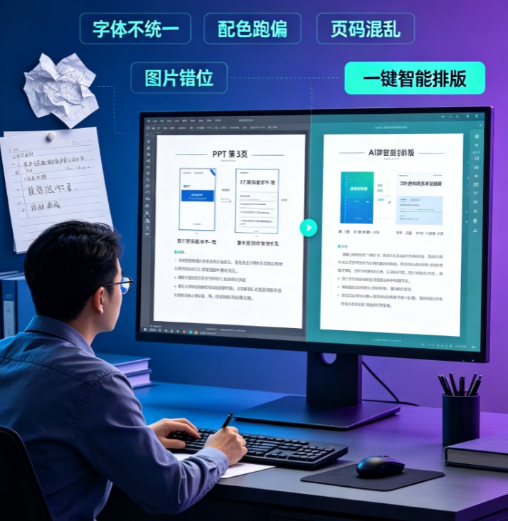 课件帮智能排版设置界面——左侧是“全局设置”面板，包含主题色选择器、字体下拉菜单、版式偏好选项，右侧是课件预览区，所有页面缩略图显示为统一风格