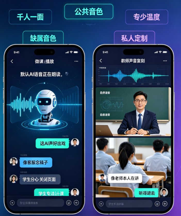 同一段文本,默认音色与克隆声音波形对比图,可体现克隆声音在停顿和重音上的自然变化