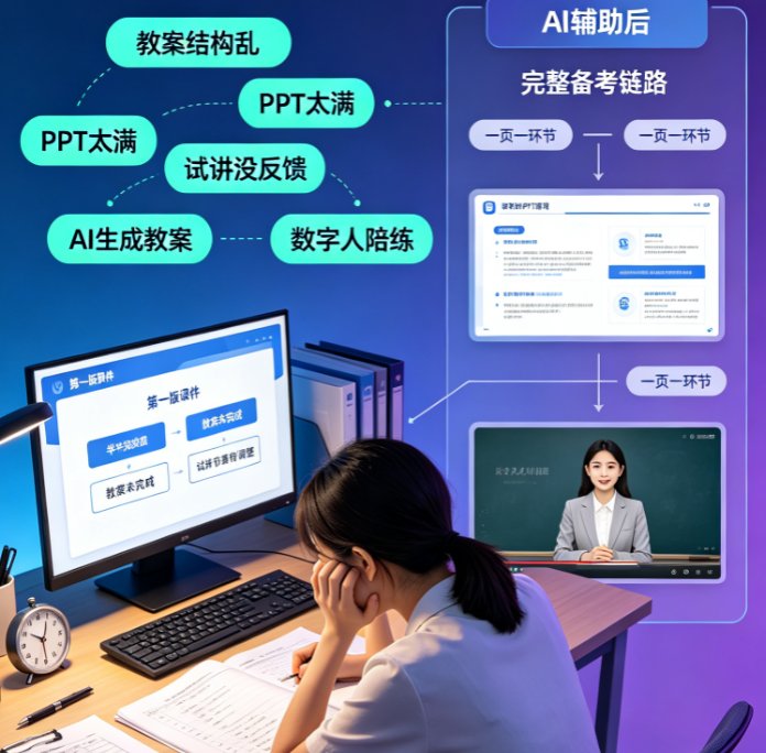 课件帮AI生成PPT的界面预览,左侧为输入的主题和教案内容,右侧为已生成的试讲课件初稿,页面右上角有“编辑”“生成视频”按钮