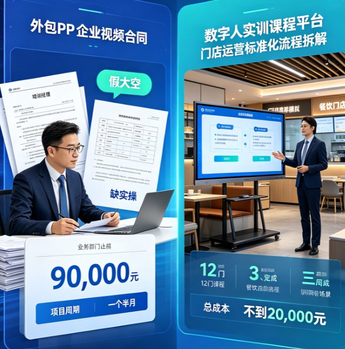 课件帮数字人实训场景编辑界面，左侧为实训脚本大纲，右侧为数字人备课老师预览画面