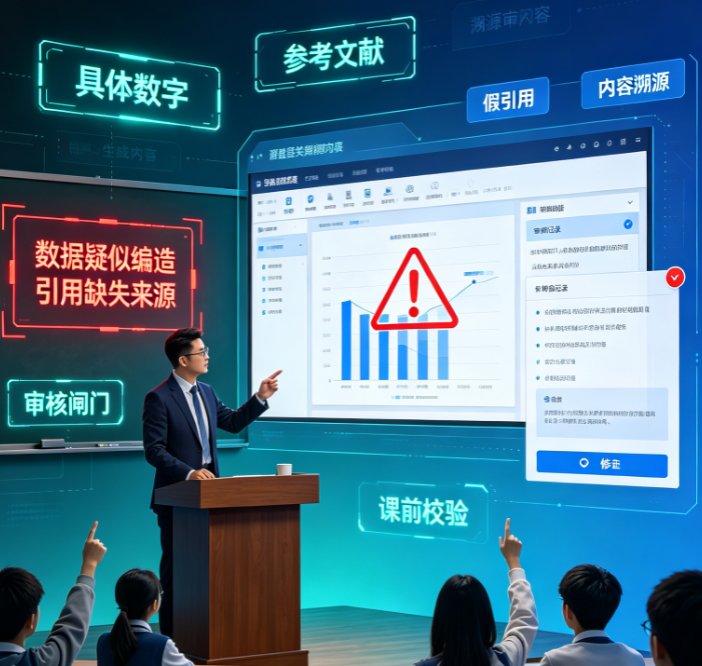 课件帮内容溯源界面，展示每条数据后方的出处标注与待核实标记