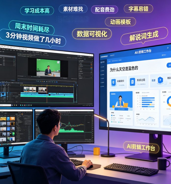 一张对比图,左边是传统视频剪辑软件复杂的时间线界面,右边是课件帮简洁的文本输入框,配文“告别复杂剪辑”