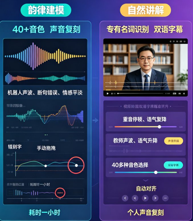 课件帮PPT转视频界面,左侧PPT预览、中间数字人讲解画面、右侧时间轴配音字幕对齐