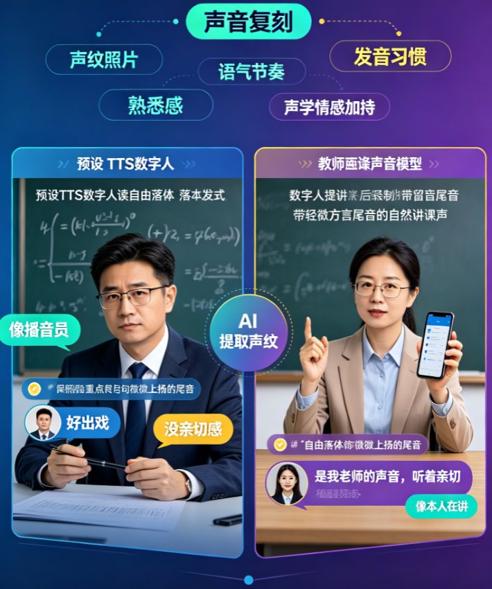 课件帮声音复刻页面，展示录音上传界面和已生成的专属音色列表