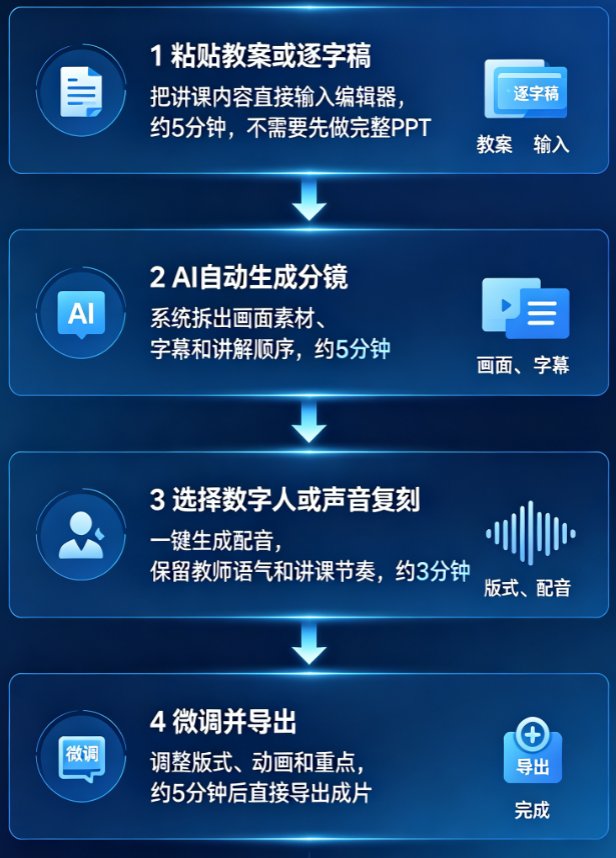 课件帮 AI 一键生成微课的流程界面,展示输入文稿到输出成片的完整链路