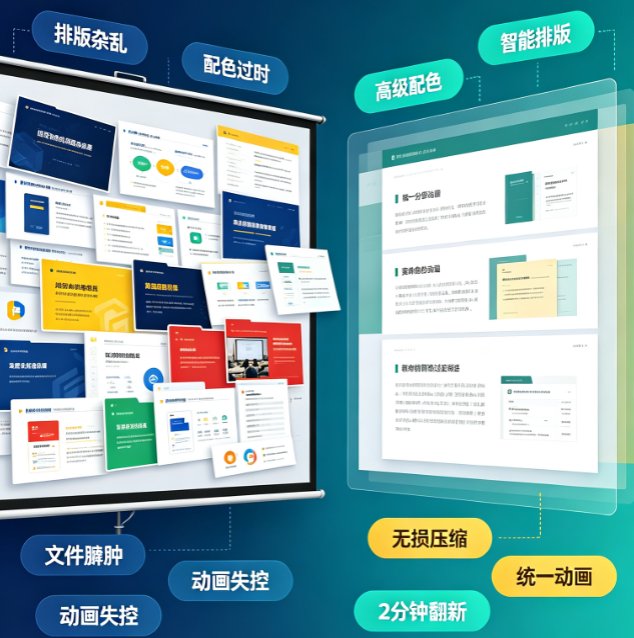同一页PPT在美化前后的对比图,左为原版杂乱排版,右为AI美化后的整洁版式