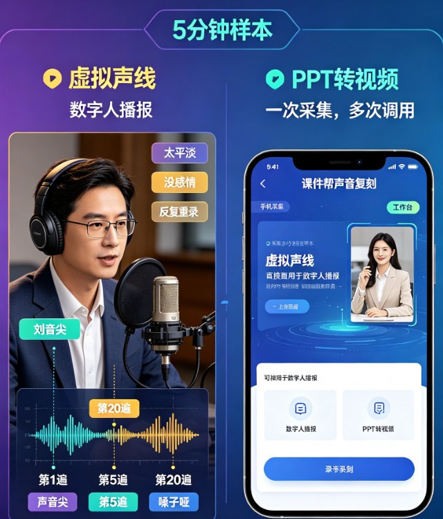 课件帮声音复刻功能界面，展示录音进度条与克隆成功提示