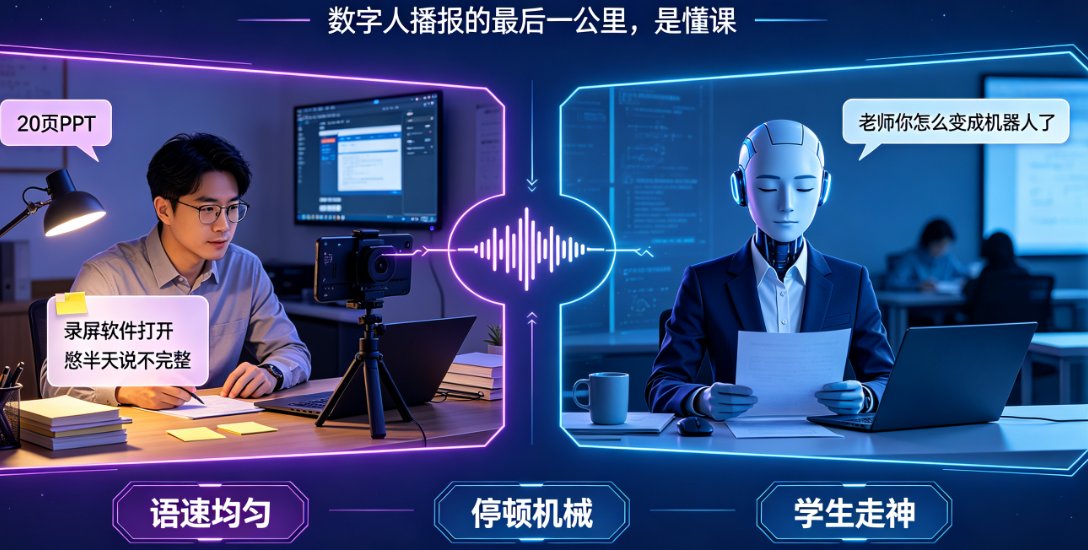 课件帮数字人播报界面，左侧PPT预览、右侧数字人讲解、下方时间轴展示语速和停顿标记