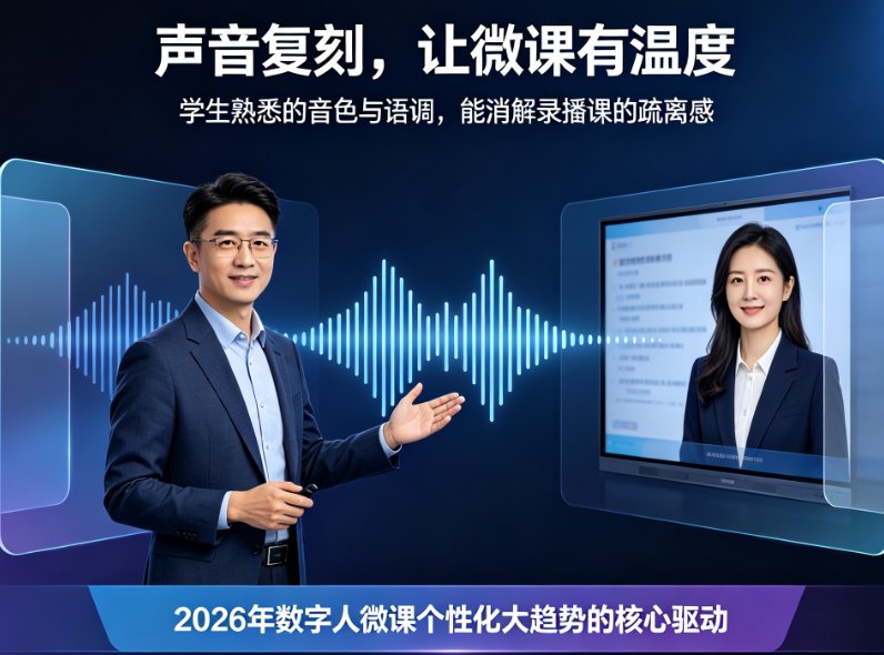 课件帮声音复刻+数字人播报操作界面，左侧音色列表选择克隆声音，右侧数字人形象预览