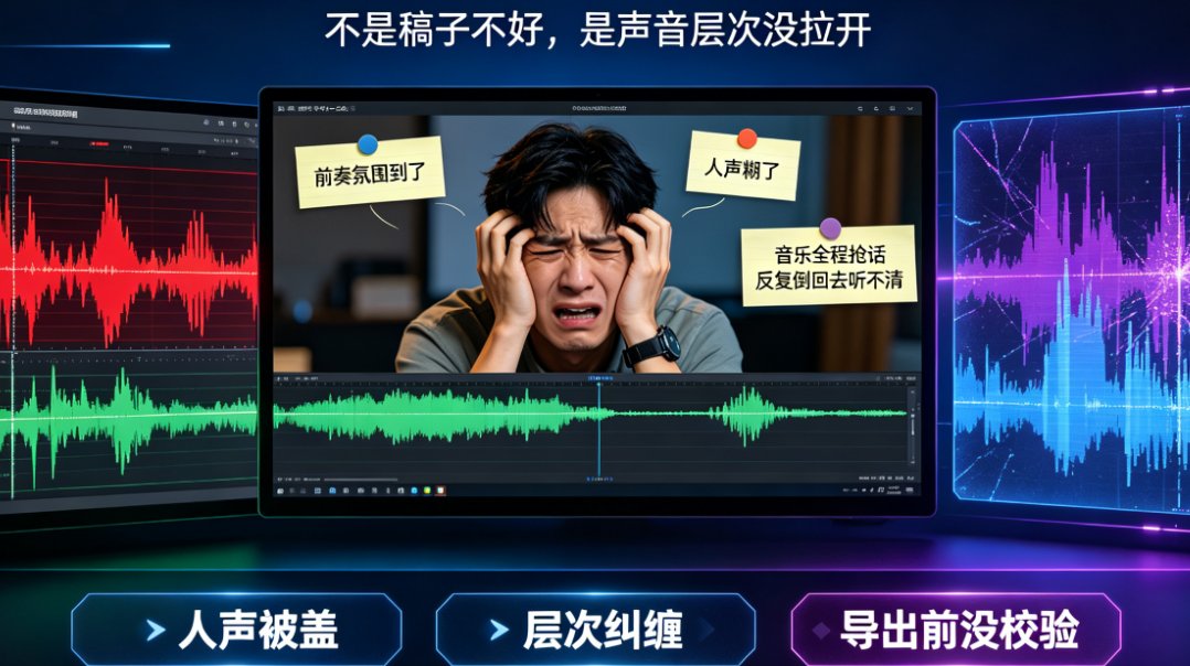 音频波形对比图，左边背景音乐满幅，右边人声加粗明显