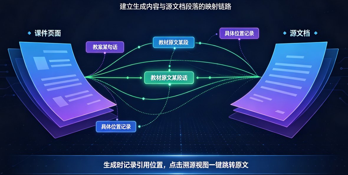 课件帮溯源视图界面截图，左侧为课件页面，右侧高亮显示对应的源文档段落，底部有“跳转原文”按钮