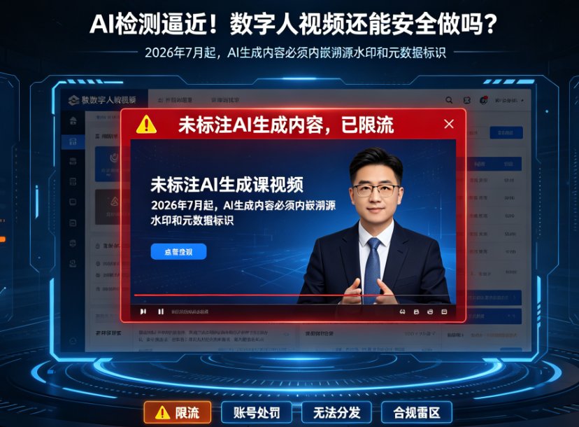 课件帮中数字人视频生成界面显示“AI内容标识已自动嵌入”的提示框